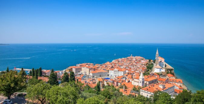 A high angle view of the town Piran, Slovenia on the body of the Mediterranean